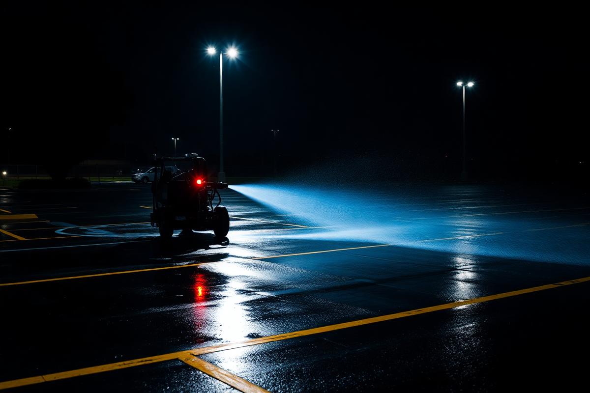 Commercial parking lot pressure washing in Tupelo Mississippi at night